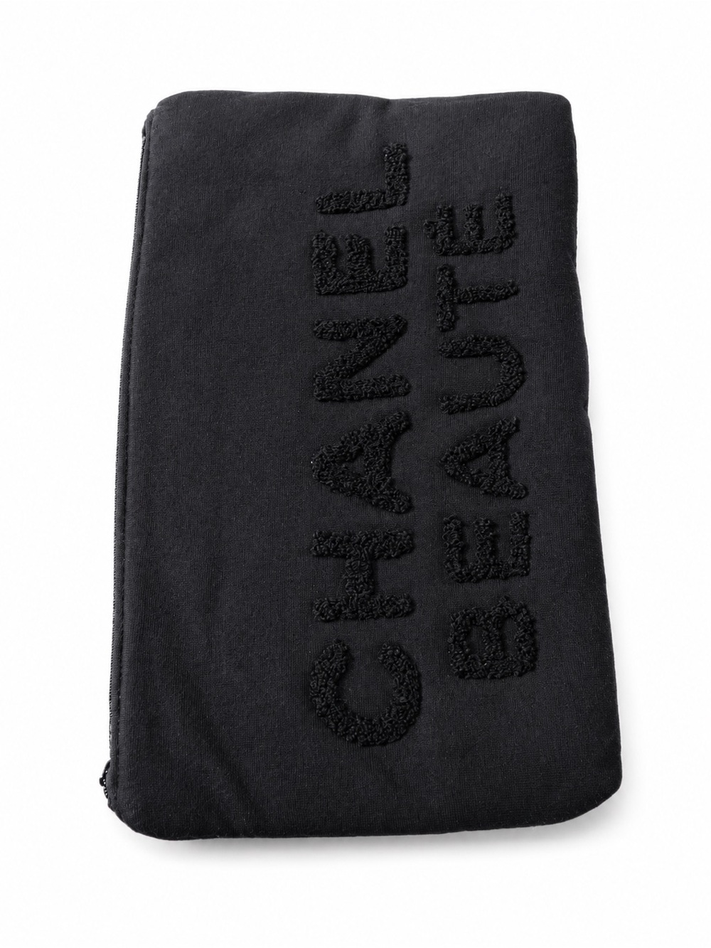 CHANEL Black Soft Fabric Chenille Logo Zip Pouch